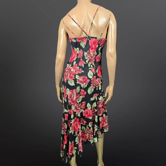 Vintage 90s Y2K Rose Print Black Midi Dress Size 8 Sleeveless Asymmetric Hem - Picture 5 of 9